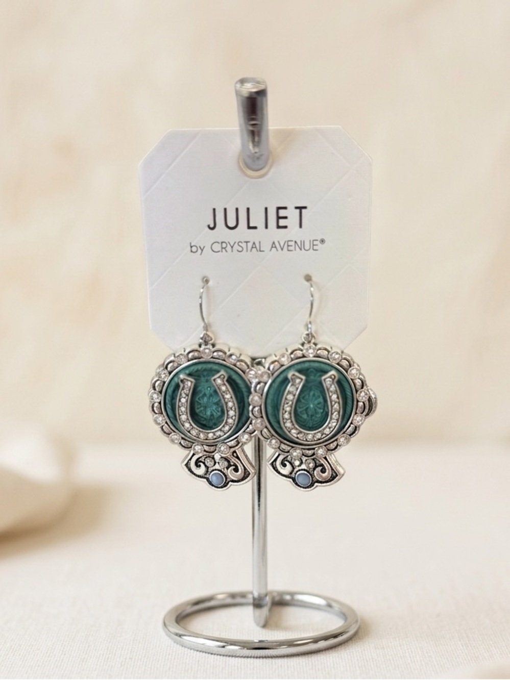 Western Horseshoe Concho Style Dangle Earrings With Rhinestones Turquoise Color